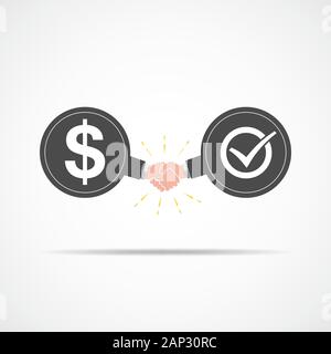 Symbol der Handshake zwischen Dollarzeichen und Haken. Vector Illustration. Das Konzept des Vertrags oder der Vereinbarung. Stock Vektor