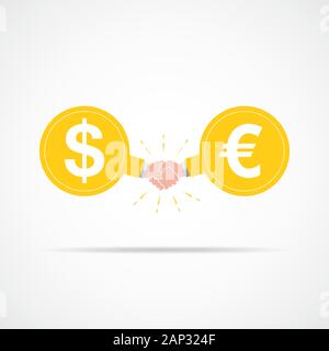 Symbol der Handshake zwischen Dollarzeichen und dem Euro. Vector Illustration. Das Konzept des Vertrags oder der Vereinbarung. Stock Vektor