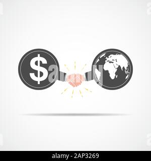 Symbol der Handshake zwischen Dollarzeichen und Globus Karte. Vector Illustration. Das Konzept des Vertrags oder der Vereinbarung. Stock Vektor