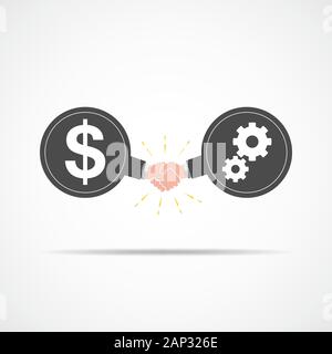 Symbol der Handshake zwischen Dollarzeichen und Arbeiten auf Einstellung. Vector Illustration. Das Konzept des Vertrags oder der Vereinbarung. Stock Vektor