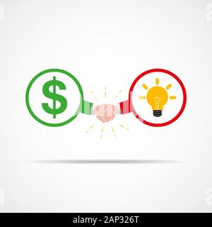 Symbol der Handshake zwischen Dollarzeichen und Glühlampe, als Symbol der neuen Ideen. Vector Illustration. Das Konzept des Vertrags oder der Vereinbarung. Stock Vektor