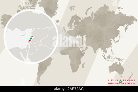 Zoom auf Libanon Karte und Flagge. Weltkarte. Stock Vektor