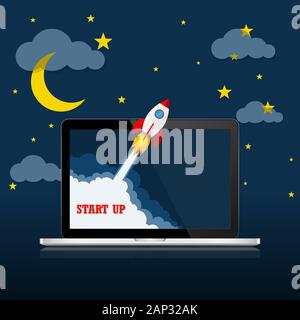 Das Raumschiff stürzt außerhalb Laptop-bildschirm. Vector Illustration. Konzept der Business Start-up. Stock Vektor