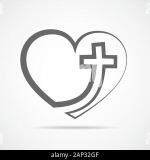 Christliche Kreuz Symbol in das Herz hinein. Grau christlichen Kreuzes auf hellen Hintergrund isoliert. Vector Illustration. Christliches Symbol. Stock Vektor