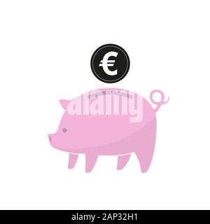 Rosa Sparschwein und Münze isoliert. Sparschwein mit Euro Münze in flacher Ausführung. Vector Illustration. Stock Vektor