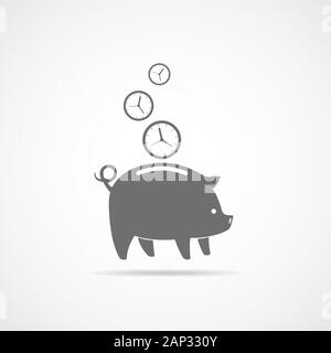 Graf Sparschwein mit fallenden Uhren. Vector Illustration. Konzept der Zeit ist Geld. Uhren fallen in das Sparschwein Stock Vektor