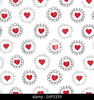 Herzen nahtlose Muster. Red harte Formen in Schwarz doodle Kreise auf weißem Hintergrund. Wiederholen Valentines Design. Skizze scribble Herzen. Stockfoto