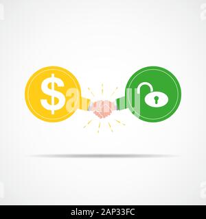 Symbol der Handshake zwischen Dollarzeichen öffnen und verriegeln. Vector Illustration. Das Konzept des Vertrags oder der Vereinbarung. Stock Vektor