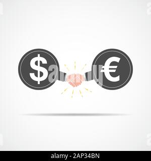 Symbol der Handshake zwischen Dollarzeichen und dem Euro. Vector Illustration. Das Konzept des Vertrags oder der Vereinbarung. Stock Vektor