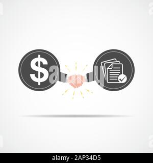 Symbol der Handshake zwischen Dollarzeichen und Geschäftsunterlagen. Vector Illustration. Das Konzept des Vertrags oder der Vereinbarung. Stock Vektor
