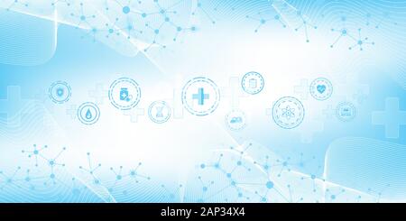 Abstract das Gesundheitswesen Banner-vorlage mit Symbolen. Gesundheitswesen Medizin Konzept. Medizinische Innovation Technologie Apotheke Banner. Vector Illustration Stock Vektor