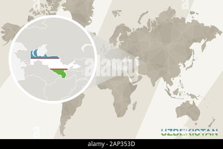 Zoom auf Usbekistan Karte und Flagge. Weltkarte. Stock Vektor