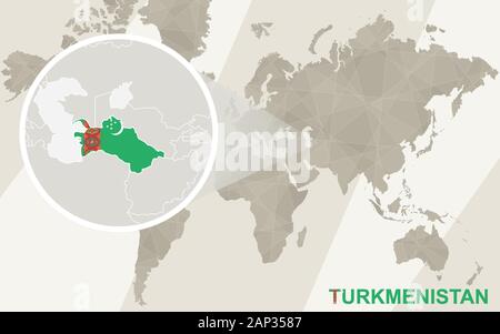 Zoom auf Turkmenistan Karte und Flagge. Weltkarte. Stock Vektor