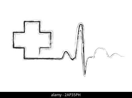 Grau heartbeat mit medizinischen Kreuz. Vector Illustration. Medizinische Symbol in flache Kontur Stil. Stock Vektor