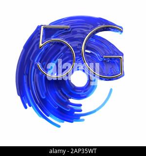 Konzeptionelle Bild der 5g-Schriftzug durch Gold und kreisförmigen radialen radar Form in der populären Phantom Blau Farbe hinter. 3d-Abbildung auf weißen isoliert Stockfoto