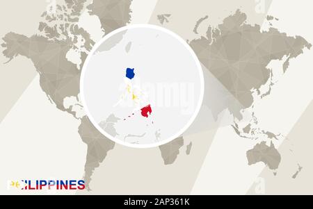 Zoom auf die Philippinen Karte und Flagge. Weltkarte. Stock Vektor