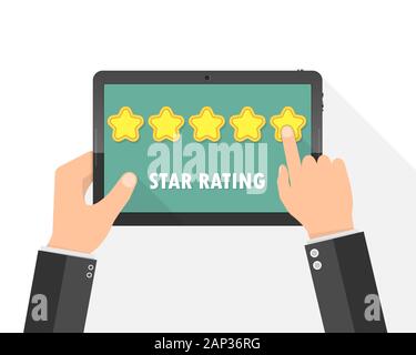 Hände halten einen Tablet-PC mit Rating Sterne. Vector Illustration. Bewertung Sterne App mit fünf goldenen Sternen. Stock Vektor
