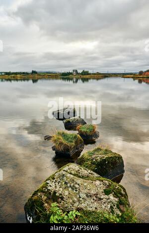 Von oben von grossen Felsen überwachsen mit grünen Pflanzen und Moos in transparenten Wasser des ruhigen Flusses in der Landschaft Stockfoto