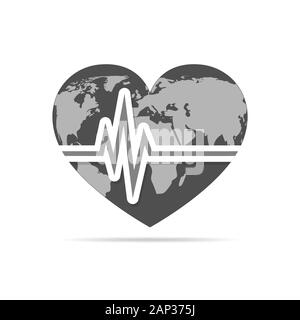 Graue Herzen mit heartbeat Symbol. Vector Illustration. Herz mit Weltkarte in flacher Ausführung. Stock Vektor