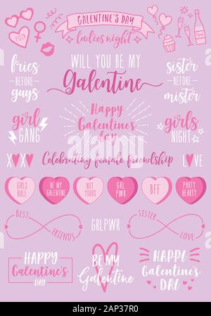 Galentines Tag, Hand gezeichnet vektor design elemente für den Valentinstag Karte, Galentines Tag, Ladies Night, weiblichen Party Einladung Stock Vektor