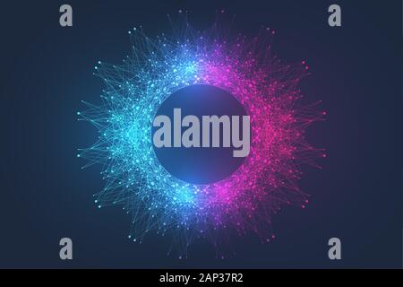 Wissenschaftliche Vektorillustration Quantencomputertechnologie. Plexus-Fiktion-Effekt. Tiefes Lernen künstlicher Intelligenz. Big-Data-Algorithmen Stock Vektor