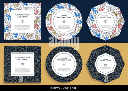 Set bunte Hand gezeichnet floristischen Umrandung mit zarten Blätter, Zweige, Pflanzen mit geometrischen Form. Dekorative umrissen Vector Illustration. Flo Stock Vektor