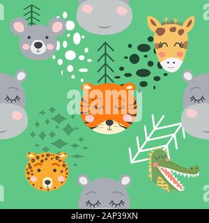 Nahtloses Muster mit Nashorn, Elefant, Krokodil. Kreative Bucht Tiere Hintergrund. Stock Vektor
