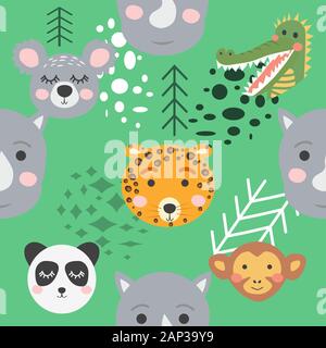Nahtloses Muster mit Nashorn, Elefant, Krokodil. Kreative Bucht Tiere Hintergrund. Stock Vektor