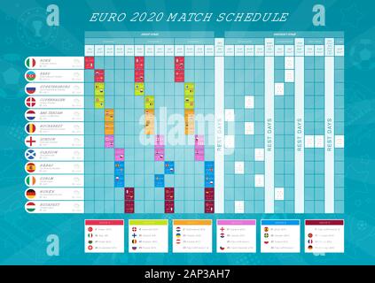 Euro 2020 Spielplan - Zeitplan für die Fußballmeisterschaft. Alle europäischen Teilnehmerländer - hochwertiger Vektor mit Flaggen für Druck und Web. Stock Vektor