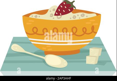 Haferflocken in eine Schüssel geben und mit einer Tasse Kaffee. Flache Vector Illustration. Stock Vektor