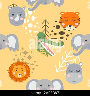 Cartoon niedlichen Tier Stammesgesichter. Boho niedlichen Tiere Muster Stock Vektor