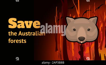 Banner mit einer brennenden Wald, Wombat und der Aufschrift Speichern der Australischen Wälder. Cartoon Vector Illustration. Stock Vektor