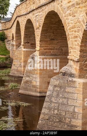 Richmond, Tasmanien, Australien - 13 Dezember, 2009: Nahaufnahme von Bögen von braunem Stein historische Brücke über Coal River mit Schilf und grünen Rasen an der Seite. Stockfoto