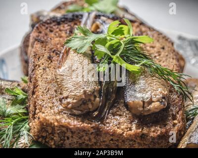 Sandwich Sprotten auf Brot Stockfoto