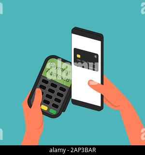 Hände halten Bank Terminal und Smartphone. Durchführen von nfc kontaktloses Bezahlen mit Karte. Blauen Hintergrund. Flache Vector Illustration Stock Vektor