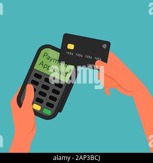 Hände, die Bank- und Kreditkarte. Durchführen von nfc kontaktloses Bezahlen mit Karte. Blauen Hintergrund. Flache Vector Illustration Stock Vektor