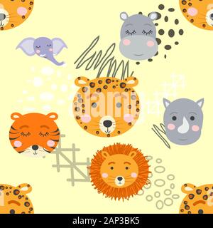 Cartoon niedlichen Tier Stammesgesichter. Boho niedlichen Tiere Muster Stock Vektor