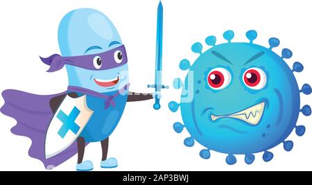 Lustige starke Pille Wächter mit Schwert und Schild kämpft mit Bakterien Virus. Kapsel, Gesundheit, medizinische Antibiotikum Konzept Stock Vektor