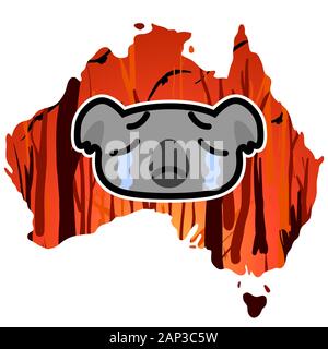 Weinenden koala Symbol auf einem Australien Karte Übersicht Hintergrund mit einem brennenden Wald. Cartoon Vector Illustration. Stock Vektor