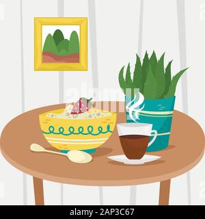 Haferflocken in eine Schüssel geben und mit einer Tasse Kaffee und einer Topfpflanze. Flache Vector Illustration. Home Interior. Stock Vektor