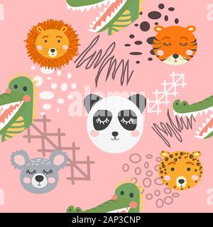 Nahtlose kindliche Muster mit niedlichen Tier Gesichter. Kreative Kindergarten Hintergrund Stock Vektor