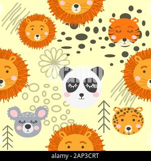 Nahtlose kindliche Muster mit niedlichen Tier Gesichter. Kreative Kindergarten Hintergrund Stock Vektor