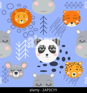 Nahtlose kindliche Muster mit niedlichen Tier Gesichter. Kreative Kindergarten Hintergrund Stock Vektor