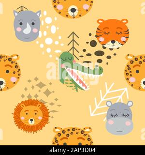 Cartoon niedlichen Tier Stammesgesichter. Boho niedlichen Tiere Muster Stock Vektor