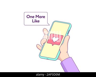 Cartoon Hand hält Touchscreen-handy und zeigt auf dem Display Herz, neue Wie Benachrichtigung von Social Media Network. Eine weitere, wie Tooltip. Vektor m Stock Vektor