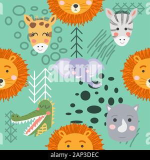 Cartoon niedlichen Tier Stammesgesichter. Boho niedlichen Tiere Muster Stock Vektor