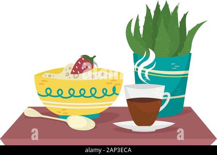 Haferflocken in eine Schüssel geben und mit einer Tasse Kaffee und einer Topfpflanze. Flache Vector Illustration. Stock Vektor