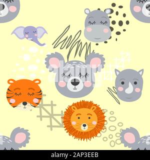 Cartoon niedlichen Tier Stammesgesichter. Boho niedlichen Tiere Muster Stock Vektor