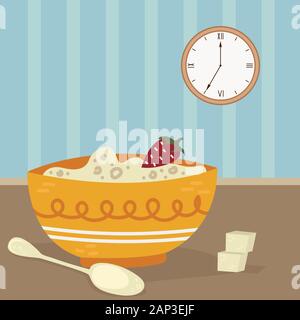 Haferflocken in eine Schüssel geben und mit einer Tasse Kaffee und einer Topfpflanze auf dem Tisch. Flache Vector Illustration. Stock Vektor