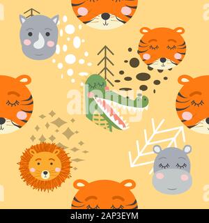 Cartoon niedlichen Tier Stammesgesichter. Boho niedlichen Tiere Muster Stock Vektor
